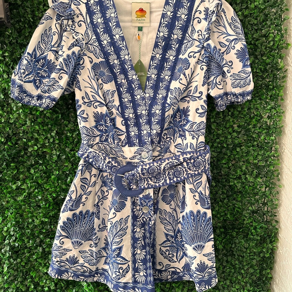 NWT Farm Rio Blue and White Floral Romper - Picture 3 of 7
